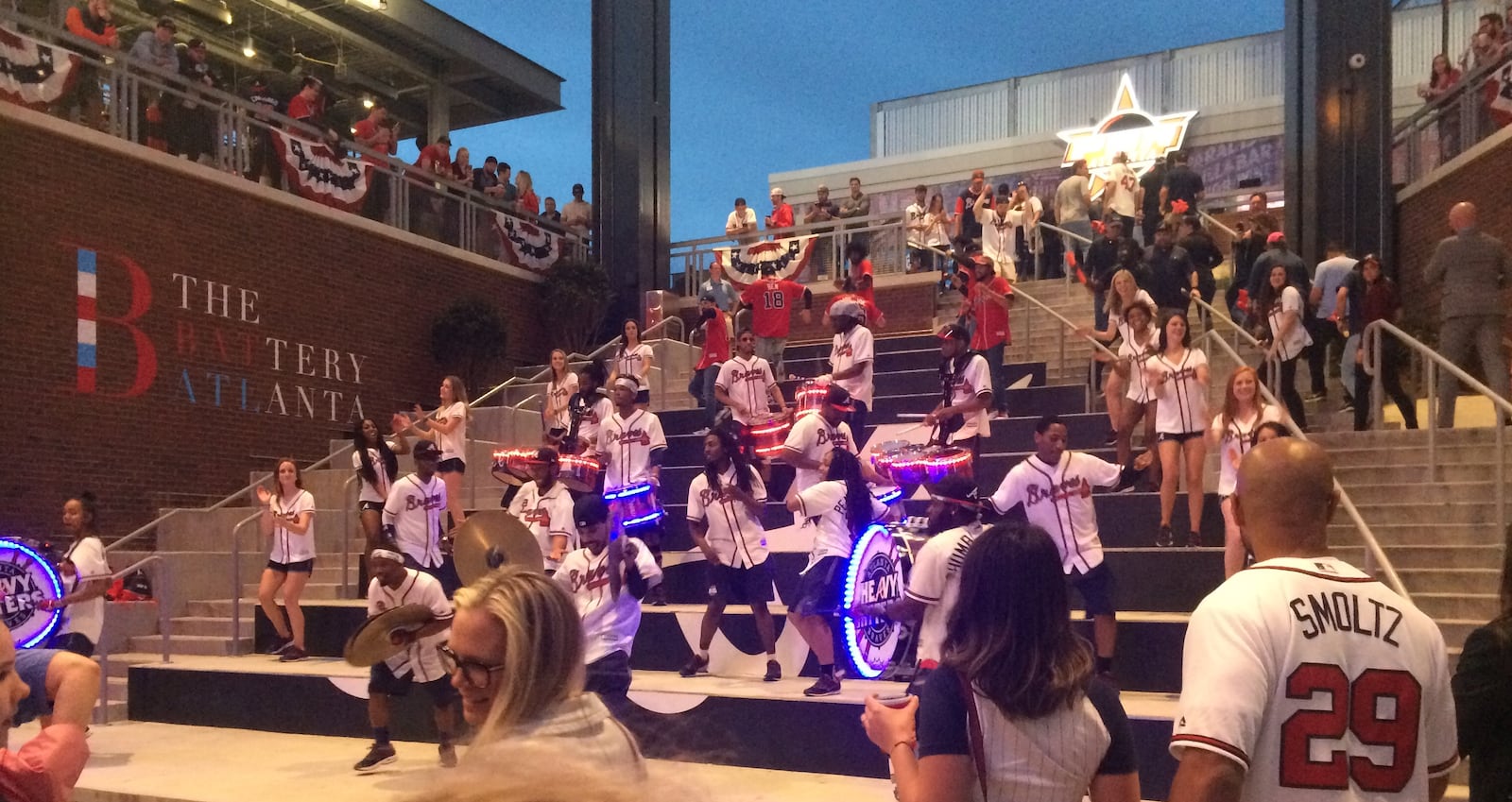 The post-game performance on the steps on The Battery following the Atlanta Braves come-from-behind victory Opening Day victory over the Phillies featured the Heavy Hitters, the Tomahawk Team and the break dance team. Jill Vejnoska/AJC