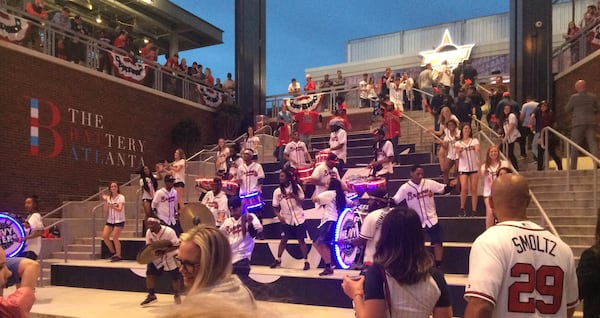 The post-game performance on the steps on The Battery following the Atlanta Braves come-from-behind victory Opening Day victory over the Phillies featured the Heavy Hitters, the Tomahawk Team and the break dance team. Jill Vejnoska/AJC