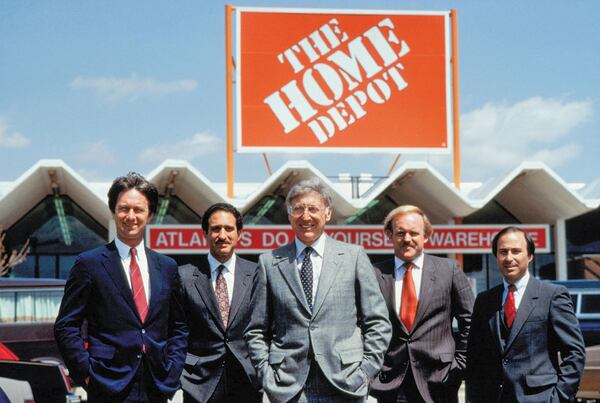 The founders of The Home Depot stood outside one of the early stores for this 1979 photograph. They are, from the left, Dennis Ross, Arthur Blank, Bernie Marcus, Pat Farrah and Ron Brill.