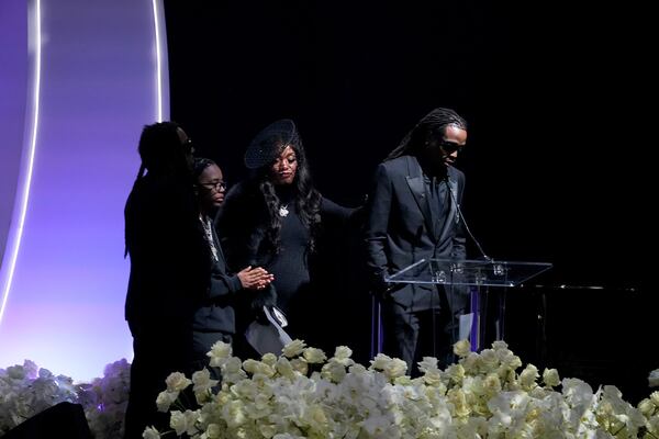 Fellow Migos member Quavo speaks at Takeoff's celebration of life service at State Farm Arena on Friday, Nov. 11, 2022, in Atlanta. (Photo: Kevin Mazur / Provided to The Atlanta Journal-Constitution)