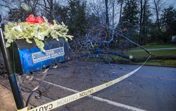 A fallen tree blocks Harbersham road on Monday. Heavy rains flooded streets & felled trees all around the Atlanta area.