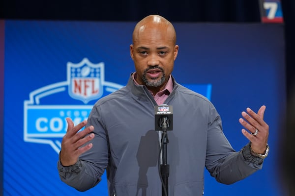 Falcons general manager Terry Fontenot speaks during Tuesday's news conference in Indianapolis.