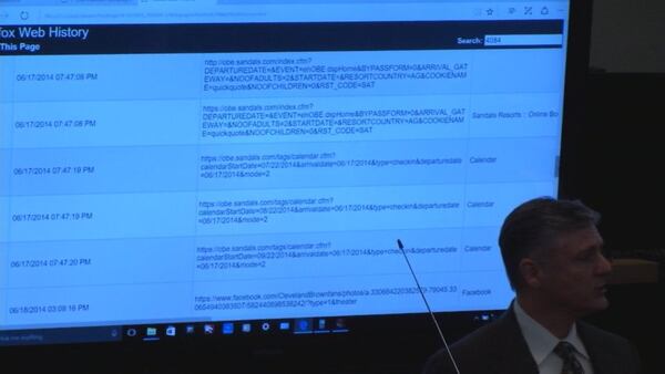 Digital forensics expert Jim Persinger shows that on the day before Cooper's death, Justin Ross Harris ran searches for a vacation for two adults and no children, during Harris' murder trial at the Glynn County Courthouse in Brunswick, Ga., on Thursday, Oct. 27, 2016. (screen capture via WSB-TV)