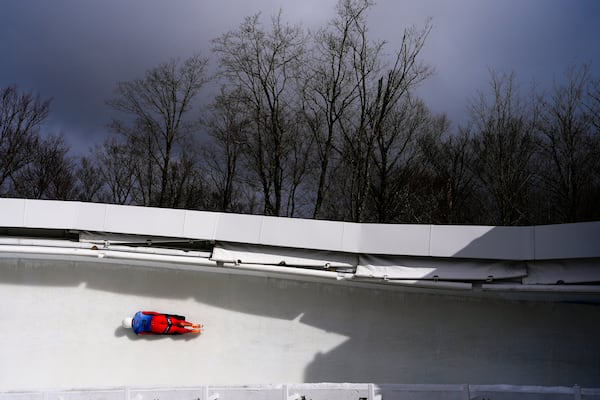 Adrian Rodriguez, of Spain, slides during his second run at the skeleton world championships, Thursday, March 6, 2025, in Lake Placid, N.Y. (AP Photo/Julia Demaree Nikhinson)