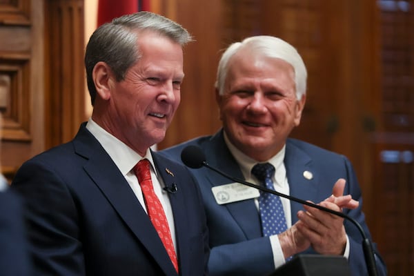 (Left to right): Gov. Brian Kemp is receiving support for his push for litigation overhaul from House Speaker Jon Burns, a Republican from Newington.