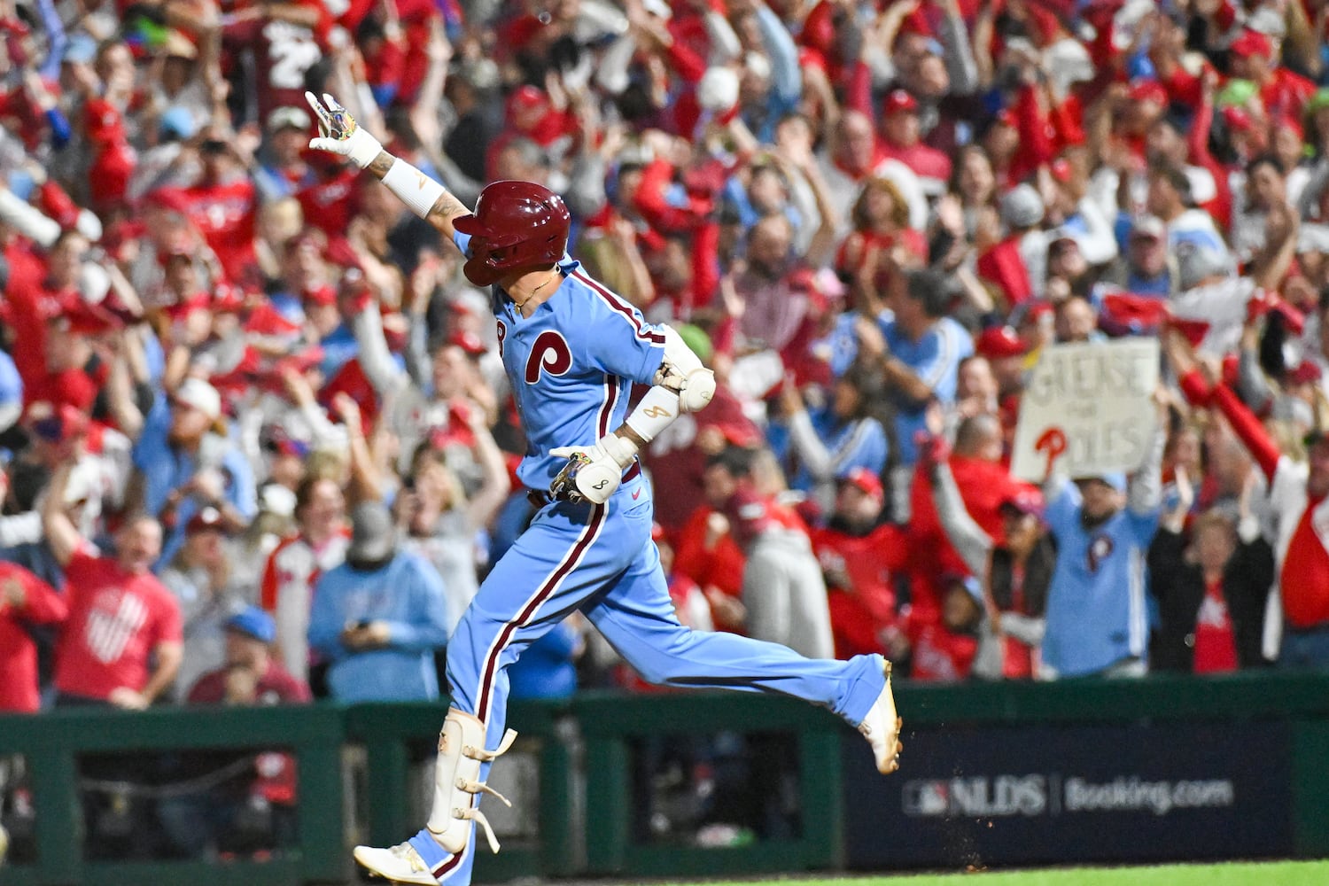 Philadelphia Phillies’ Nick Castellanos celebrates a solo home run against the Atlanta Braves during the sixth inning of NLDS Game 4 at Citizens Bank Park in Philadelphia on Thursday, Oct. 12, 2023.   (Hyosub Shin / Hyosub.Shin@ajc.com)