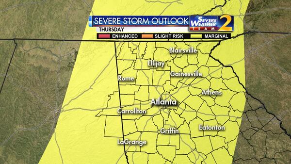 Metro Atlanta faces a marginal risk of severe storms Thursday morning. (Credit: Channel 2 Action News)