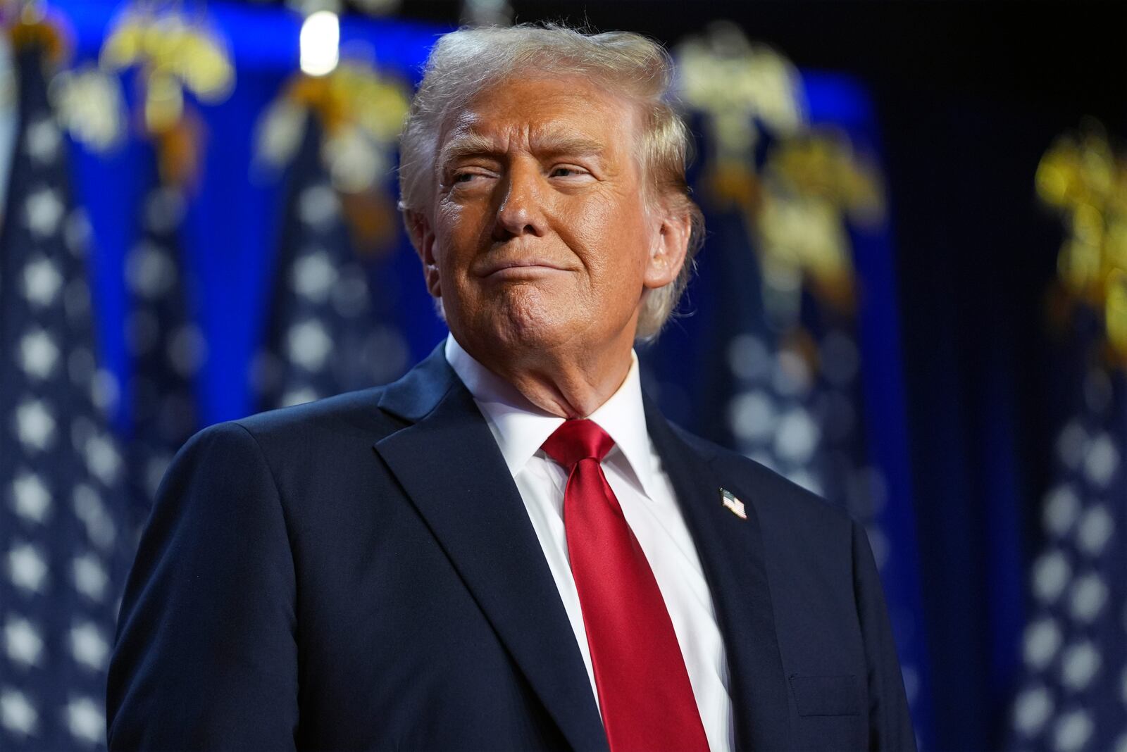 Republican presidential nominee former President Donald Trump arrives at an election night watch party at the Palm Beach Convention Center, Wednesday, Nov. 6, 2024, in West Palm Beach, Fla. (AP Photo/Evan Vucci)