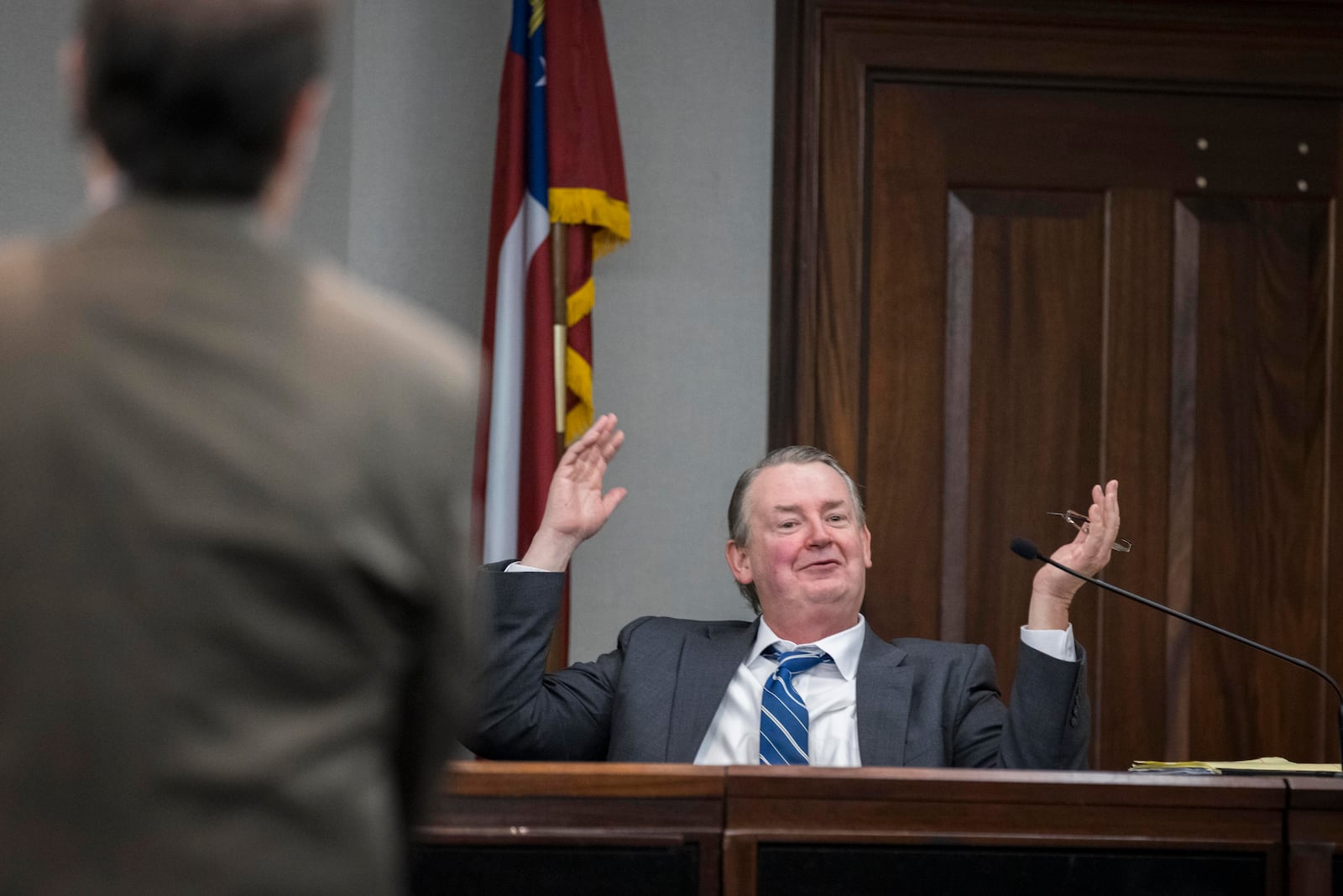 Kevin Gough, left, the trial attorney for William "Roddie" Bryan, answers a question from Bryan's current attorney Rodney Zell during a hearing challenging Bryan's trial, Thursday, Oct. 24, 2024, in Brunswick, Ga. (AP Photo/Stephen B. Morton)