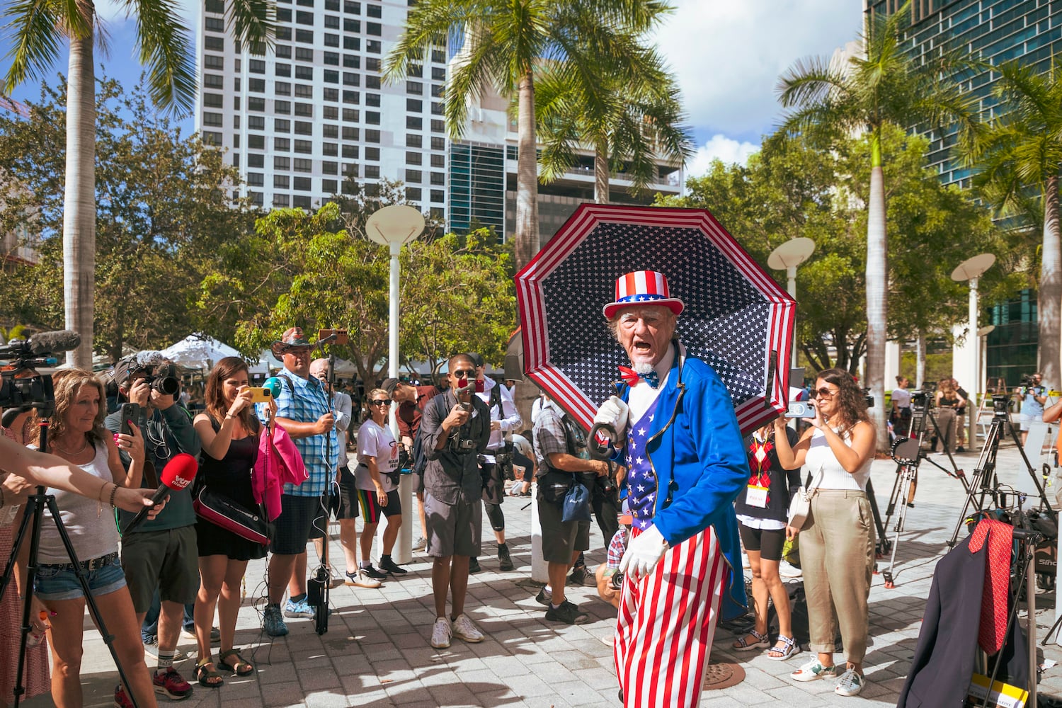 A supporter of former president Donald Trump dressed as Uncle Sam outside the Wilkie D. Ferguson Jr. U.S. Courthouse in Miami on Tuesday morning, June 13, 2023.. (Saul Martinez/The New York Times)