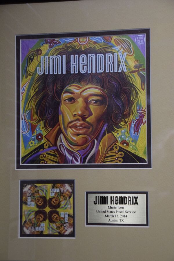 Jimi Hendrix is shown in a series of commemorative stamps in Mike Glenn's Black History stamp collection. (Courtesy of Curt Yeomans)