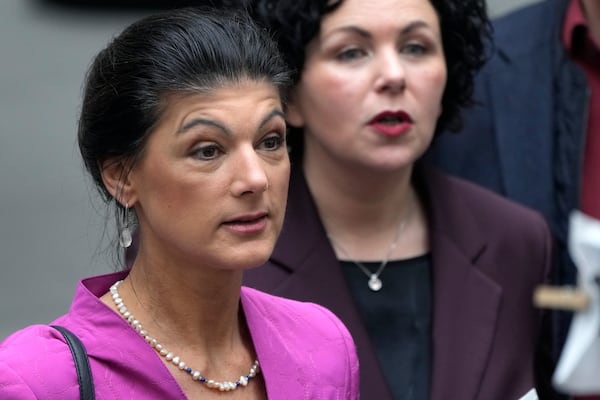 Sahra Wagenknecht, left, co-leader of the Sahra Wagenknecht Alliance (BSW), and Amira Mohamed Ali, right, co-leader of the Sahra Wagenknecht Alliance (BSW), arrive for a press conference in Berlin, Germany, Monday, Feb. 24, 2025, the day after the national election. (AP Photo/Michael Prost)