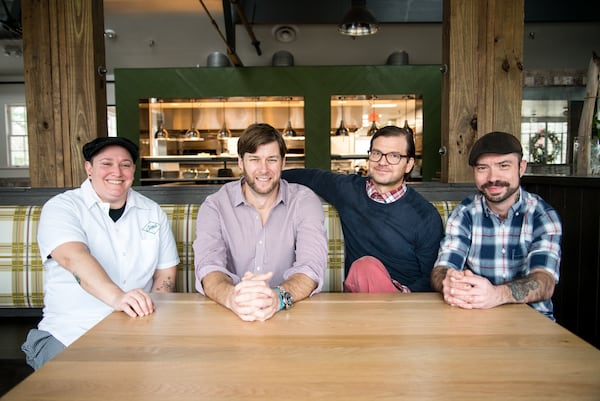  (From left to right) Scout Chef De Cuisine Jacqueline Hubschman, Owner Chris Martha, Executive Chef Michael Semancik, and Beverage Director Nate Shuman. / Photo credit- Mia Yakel.