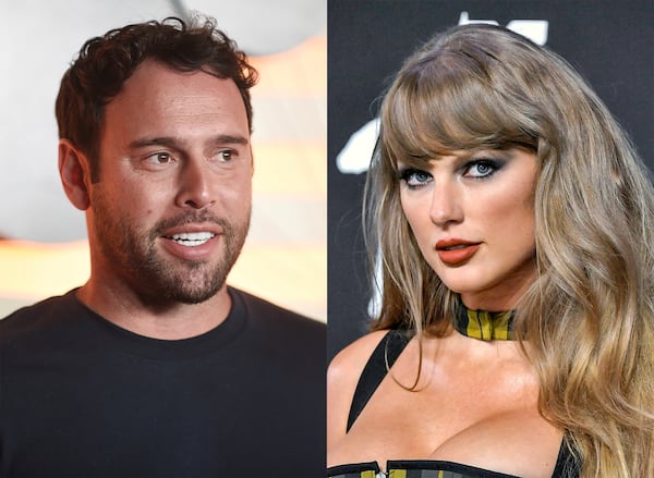 Scooter Braun attends Homecoming Weekend in West Hollywood, Calif., on Feb. 11, 2022, left, and Taylor Swift appears at the MTV Video Music Awards in Elmont, N.Y., on Sept. 11, 2024. (AP Photo)