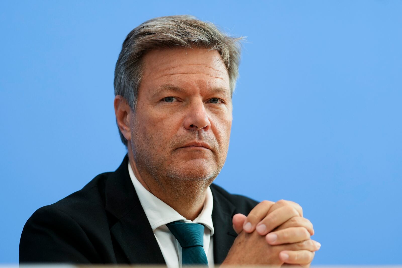 German Economy and Climate Minister Robert Habeck attends a news conference of Germany's economy development in Berlin, Germany, Wednesday, Oct. 9, 2024. (AP Photo/Markus Schreiber)