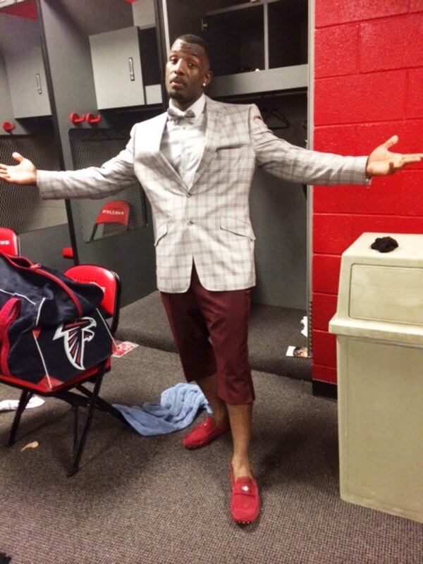 After helping the Falcons prevail over the Saints with a forced fumble in overtime, safety William Moore was dressed for success. (D. Orlando Ledbetter/DLedbetter@ajc.com)