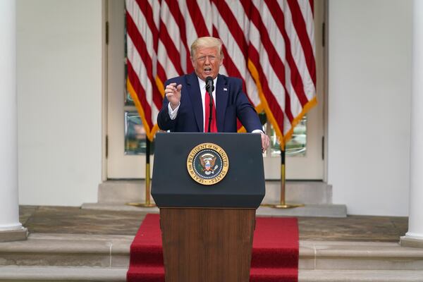 President Donald Trump answers questions from reporters during an event on protecting seniors with diabetes in the Rose Garden White House, Tuesday, May 26, 2020, in Washington. (AP Photo/Evan Vucci)