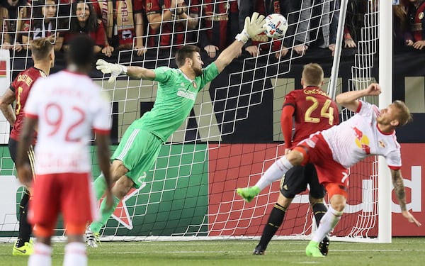 MARCH 5, 2017 Atlanta, Atlanta United goal keeper Brad Guzan tried to reach the ball an a play that New York red Bulls scored the first goall.