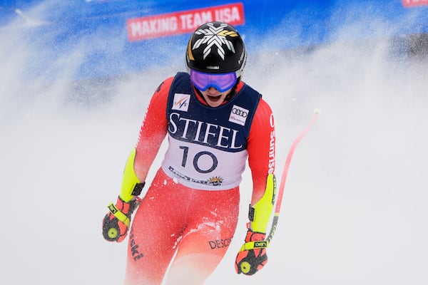 Switzerland's Lara Gut-Behrami reacts after her run during a women's super-G run at the World Cup Finals, Sunday, March 23, 2025, in Sun Valley, Idaho. (AP Photo/John Locher)