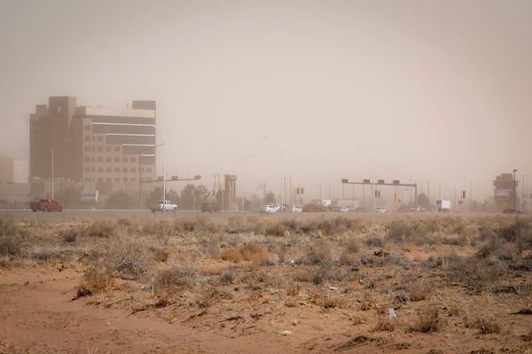 Strong winds and dust obscure the Santa Ana Star Casino in Bernalillo, N.M., Tuesday, March 18, 2025. (Jessica Baca/The Albuquerque Journal via AP)