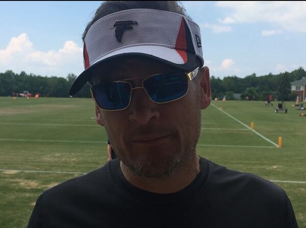 Falcons general manager Thomas Dimitroff at rookie minicamp on Saturday He discussed Julio Jones' contract situation after talking about National Bike to Work Day, which will be held on Friday. (D. Orlando Ledbetter/dledbetter@ajc.com)