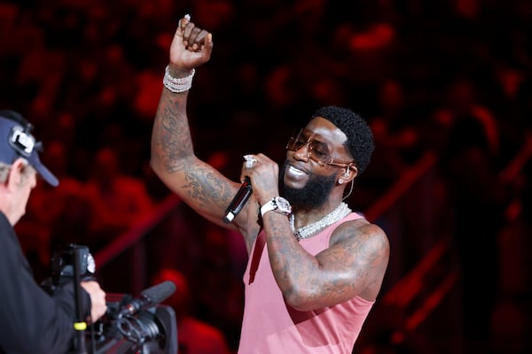 Atlanta rapper Gucci Mane performs during the halftime show of the Atlanta Hawks season opener against the Brooklyn Nets at State Farm Arena, Wednesday, October 23, 2024, in Atlanta. (Jason Getz / AJC)

