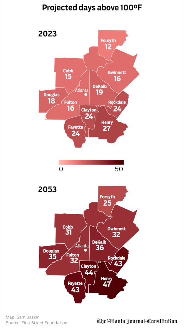 An Atlanta Journal-Constitution analysis of First Street Foundation data shows many counties in the metro area are predicted to see a doubling of days that reach a heat index of 100 degrees or more by 2053. 