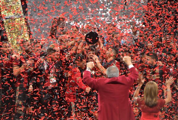 December 8, 2018 Atlanta - Atlanta United celebrates after their 2-0 win over the Portland Timbers during the 2018 MLS Cup at Mercedes-Benz Stadium on Saturday, December 8, 2018. HYOSUB SHIN / HSHIN@AJC.COM