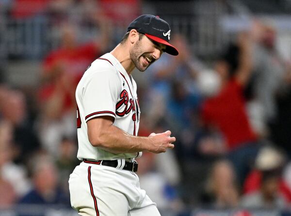 Braves pitcher Spencer Strider reacts after allowing a 3-run home run by Philadelphia Phillies' designated hitter Bryce Harper during the sixth inning. (Hyosub Shin / Hyosub.Shin@ajc.com)