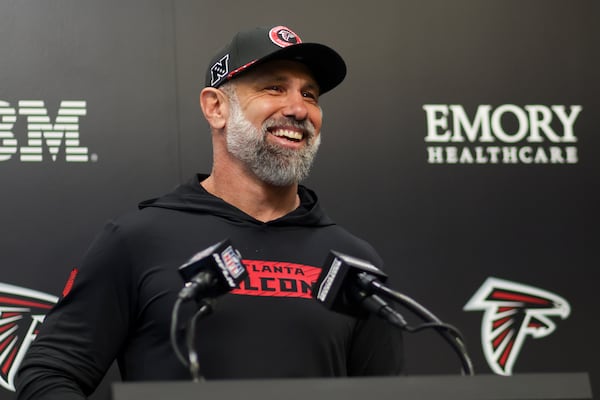 Atlanta Falcons defensive coordinator Jeff Ulbrich speaks with members of the media at the Atlanta Falcons Training Camp, Monday, Jan. 27, 2025, in Flowery Branch, Ga. (Jason Getz / AJC)