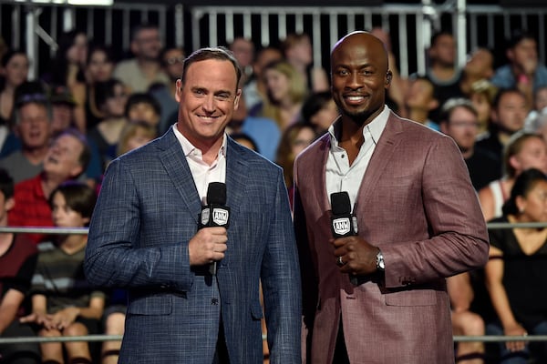  AMERICAN NINJA WARRIOR -- "All Stars" -- Pictured: (l-r) Matt Iseman, Akbar Gbajabiamila -- (Photo by: David Becker/NBC)