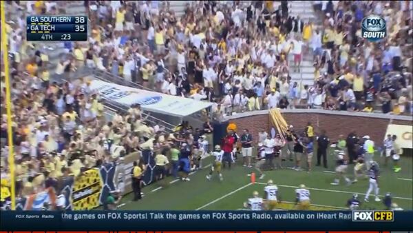 You have to see the clip to appreciate this fully, but look closely: The student section is celebrating. Hill is about to give high fives to students in the front row. (I might be wrong, but I want to say Stephen Hill was penalized for doing that against Western Carolina in 2011. Not saying that was a good call, or that Hill should have been penalized, but just pointing it out.) Hill’s teammates are running to celebrate with him. Cameras are focused on Hill. In the center of the shot, maybe 10 feet from Hill, Buzz appears to be … looking down the tunnel. If there’s a penalty for the opposite of excessive celebration, this would have been a most merited instance.