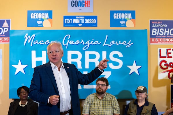 Minnesota Gov. Tim Walz, the running mate of Vice President Kamala Harris, speaks to supporters at a Democratic campaign office in Macon on Tuesday.