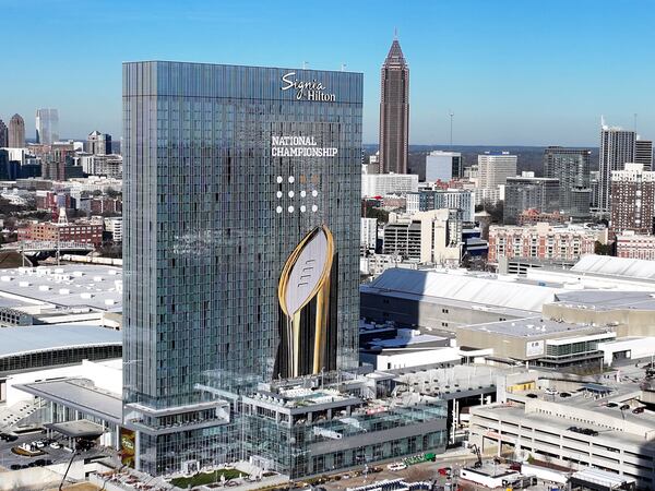 Aerial photo shows Signia by Hilton hotel at the Georgia World Congress Center on Friday, January 17, 2025, in Atlanta. Skanska's U.S. division was the building's general contractor. (Hyosub Shin / AJC)