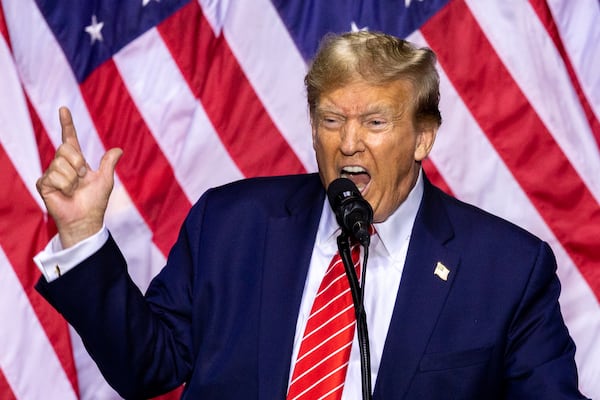 Republican presidential candidate and former president Donald Trump speaks at a campaign rally at Forum River Center in Rome on Saturday, March 9, 2024. (Arvin Temkar / arvin.temkar@ajc.com)