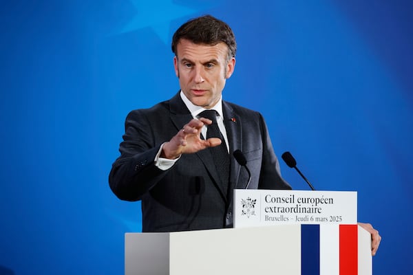 FILE - French President Emmanuel Macron speaks during a media conference at an EU Summit in Brussels, Thursday, March 6, 2025. (AP Photo/Omar Havana, File)