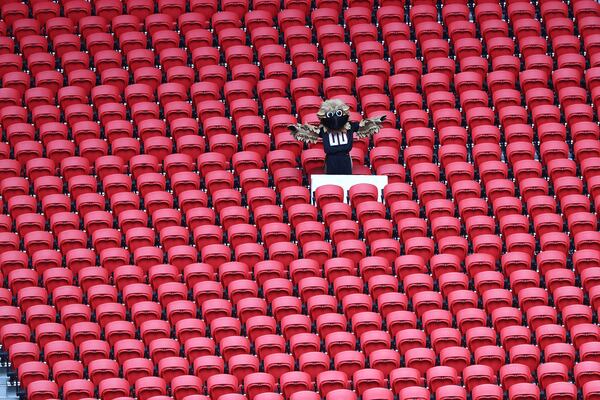 Falcons mascot Freddie Falcon has the stands all to himself in Mercedes-Benz Stadium against the Seattle Seahawks Sunday, Sept. 13, 2020, in Atlanta.  (Curtis Compton / Curtis.Compton@ajc.com)