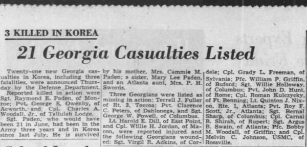 Terrell J. Fuller was among the servicemen listed as missing in action in this Atlanta Constitution article from April 6, 1951.