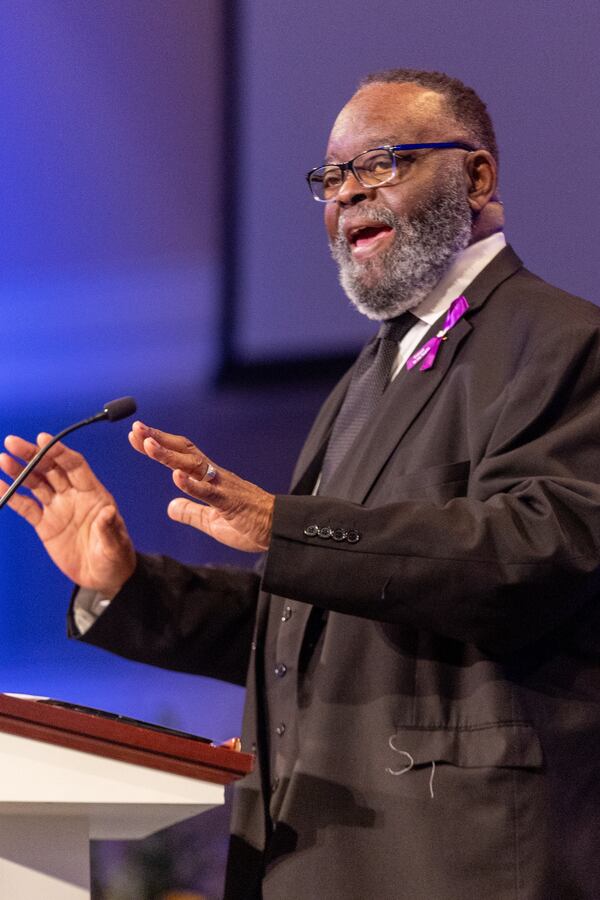 The Rev. James Betner, who baptized Rivers, urged mourners to grieve but also to have hope, reading from I Thessalonians 4:13-18 “For if we believe that Jesus died and rose again, even so God will bring with Him those who sleep in Jesus.”  (Steve Schaefer/steve.schaefer@ajc.com)