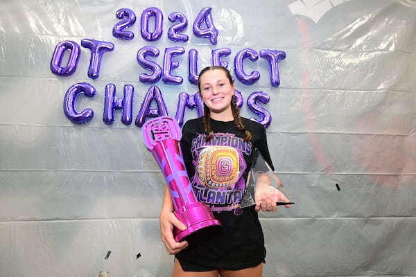 Kate Harping poses with the OT Select championship trophy and her OT Select finals MVP trophy after the 2024 finals. (Photo by Adam Hagy/Overtime)