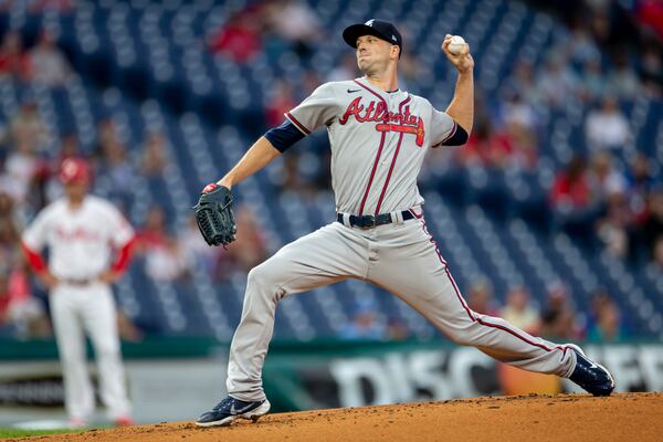 Atlanta Braves starting pitcher Drew Smyly throws during the first inning of a baseball game against the Philadelphia Phillies, Tuesday, June 8, 2021, in Philadelphia. (AP Photo/Laurence Kesterson)