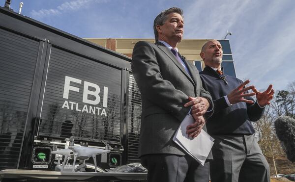 FBI spokesman Kevin Rowson (left) and FBI Special Agent John Cronier with one of the six captured drones. The FBI, FAA and Atlanta police have repeated the “No Drone” policy for weeks leading up to the Super Bowl, and The Atlanta Journal-Constitution is among the local media outlets that have reported the mantra. But on Friday, the FBI said more work was needed to spread the word after several were found Thursday violating the regulations. “It’s taken up a lot of time for our agents and law enforcement officers to be targeting these drones when they could be working on other security measures,” Rowson said.