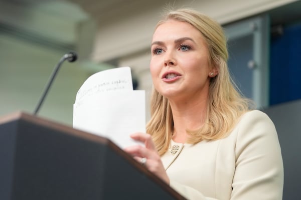 White House press secretary Karoline Leavitt speaks during the daily briefing at the White House in Washington, Wednesday, March 19, 2025. (AP Photo/Mark Schiefelbein)