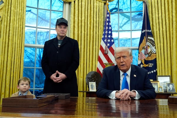 The "Politically Georgia" podcast team will discuss the second presidency of Donald Trump (right) today, including the role of Elon Musk (center), who is pictured with his son.