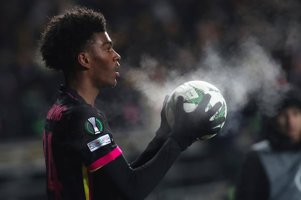 Chelsea's Joshua Acheampong holds the ball during the Europa Conference League opening phase soccer match between Astana and Chelsea at the Almaty Ortalyk stadium in Almaty, Kazakhstan, Thursday, Dec. 12, 2024. (AP Photo)