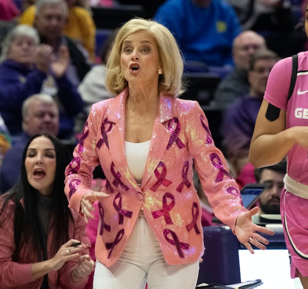 LSU head coach Kim Mulkey coaches her players during an NCAA college basketball game against Georgia, Thursday, Feb. 20, 2025, in Baton Rouge, La. (Hilary Scheinuk/The Advocate via AP)