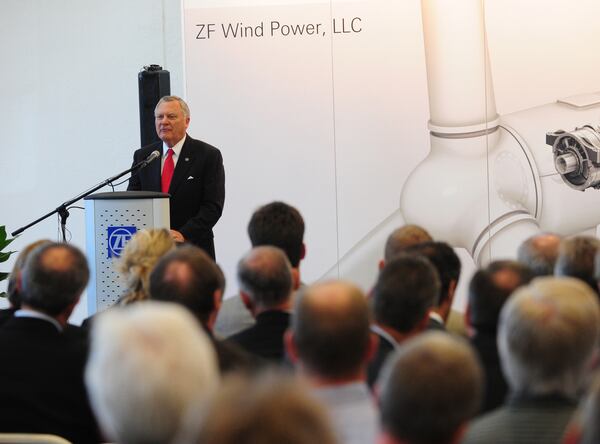 Gov. Nathan Deal addresses a crowd this afternoon during the grand opening of the ZF Wind Power plant in Gainesville. The plant, which will begin operations in 2012, is slated to employ 250 people
SARA GUEVARA/The (Gainesville) Times