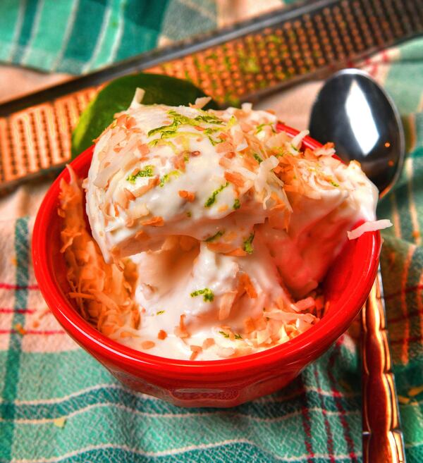 No-Churn Coconut and Lime Ice Cream, adapted from a recipe in “Coconut and Sambal: Recipes From My Indonesian Kitchen” by Lara Lee (Bloomsbury, $35). (Styling by Susan Puckett / Chris Hunt for the AJC)