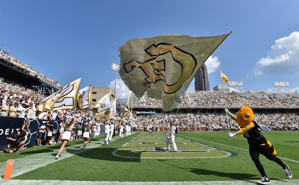 September 23, 2017 Atlanta - Georgia Tech cheerleaders celebrate in the second half of an NCAA college football game at Bobby Dodd Stadium on Saturday, September 23, 2017. Georgia Tech won 35 - 17 over the Pittsburgh. HYOSUB SHIN / HSHIN@AJC.COM