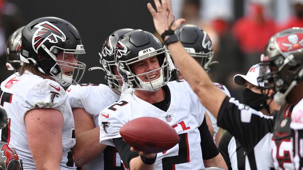 Atlanta Falcons quarterback Matt Ryan (2) celebrates his score against the Tampa Bay Buccaneers during the second half Sunday, Jan. 3, 2021, in Tampa, Fla. (Jason Behnken/AP)